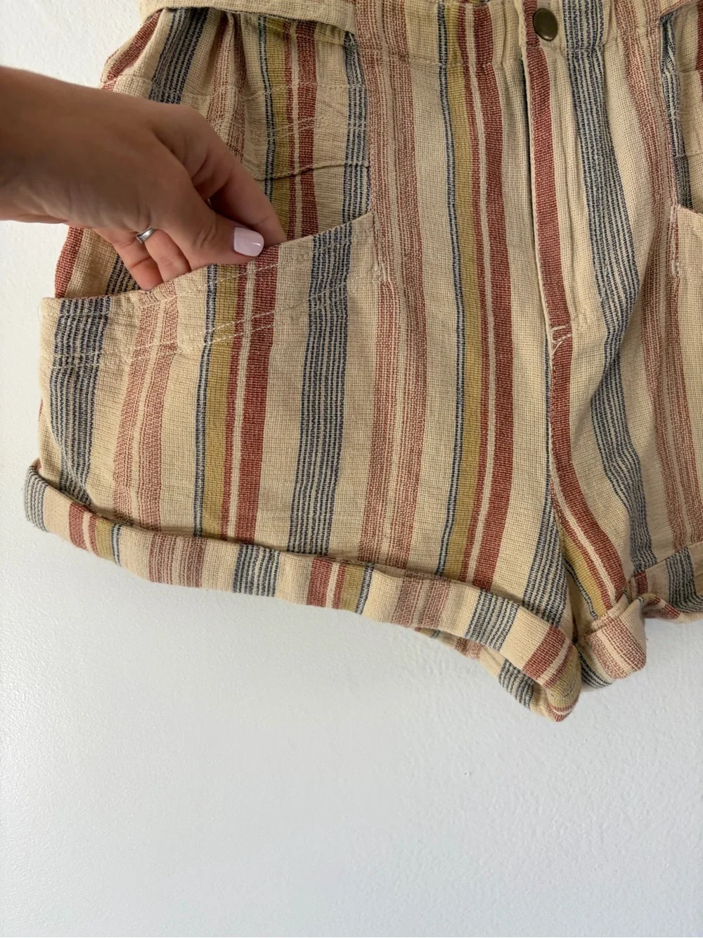 Free People Topanga Tan Combo Striped Paperbag Waist Shorts Size Small NWT